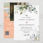 Invitation Peach Eucalyptus Feuille Mariage QR Code Photo (Devant / Derrière)