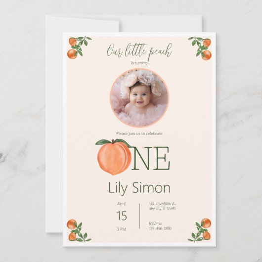 Invitation Peach First Birday Mignonne Aquarelle (Devant)