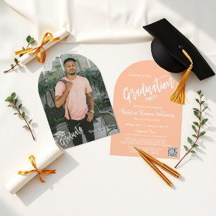 Invitation Peach Fizz Arch Photo QR Code Grad Party