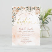 Invitation Peach Floral Aquarelle Girl Cross Gold Baptism (Debout devant)
