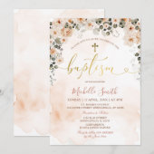 Invitation Peach Floral Aquarelle Girl Cross Gold Baptism (Devant / Derrière)