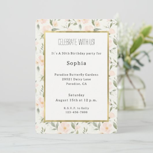 Invitation Peach Floral Birthday (Debout devant)