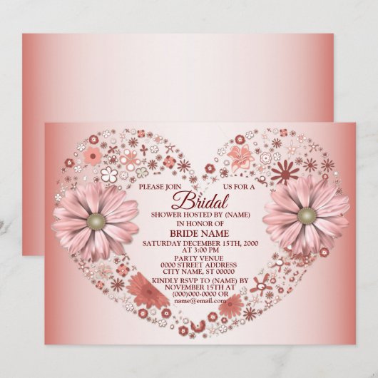 Invitation Peach Floral Heart Modern Bridal Shower Party (Devant / Derrière)