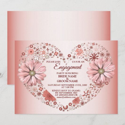 Invitation Peach Floral Heart Modern Engagement Party (Devant / Derrière)