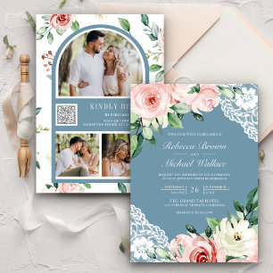 Invitation Peach Floral Lace Dusty Blue QR Code Wedding