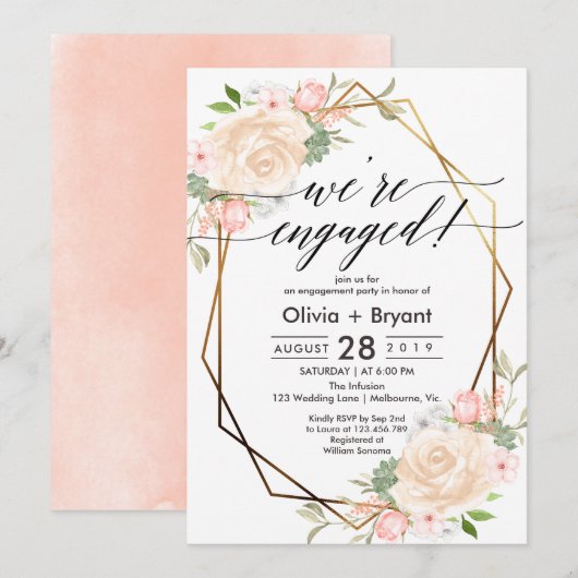 Invitation Peach floral or géométrique cadre d'engagement (Devant / Derrière)