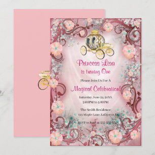 Invitation Peach Floral Princess enchantée le 1er anniversair