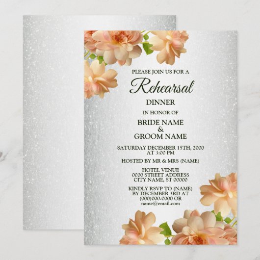 Invitation Peach Floral Silver Glitter Rehearsal Dinner (Devant / Derrière)