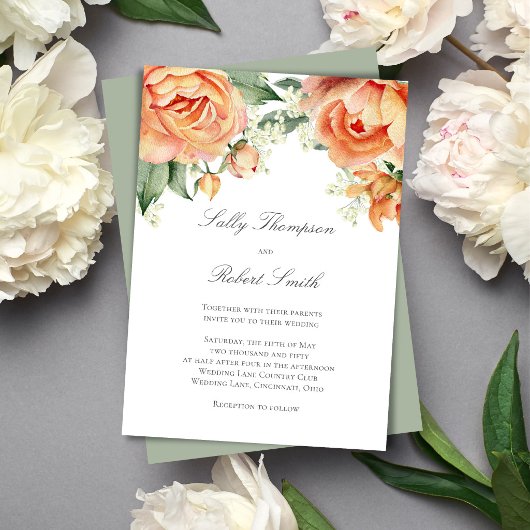 Invitation Peach Floral Top Border Elegant Script Wedding
