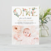 Invitation Peach Florals Faux Gold Foil Premier anniversaire  (Debout devant)
