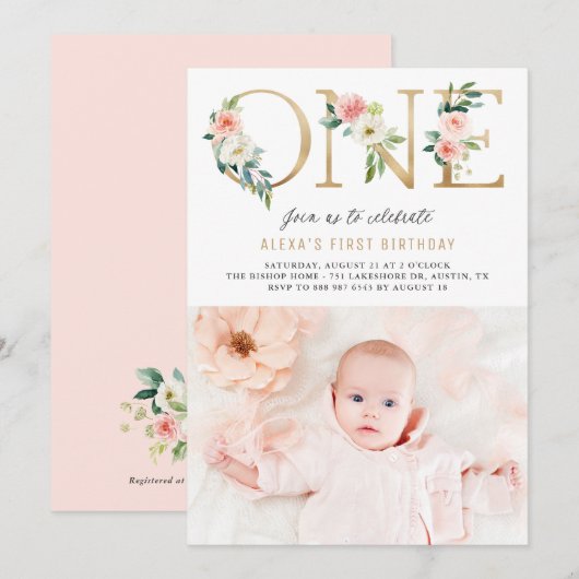 Invitation Peach Florals Faux Gold Foil Premier anniversaire  (Devant / Derrière)