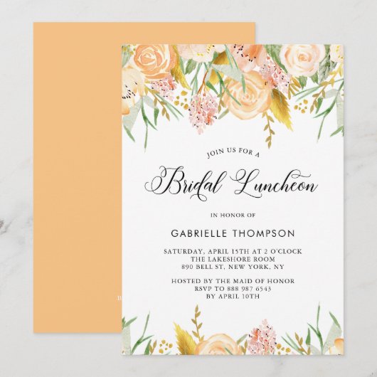 Invitation Peach Flowers et Gold Feuille Bridal Luncheon (Devant / Derrière)