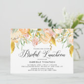 Invitation Peach Flowers Gold Feuille Bridal Luncheon (Debout devant)