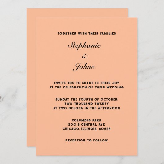 Invitation Peach Fuzz Black Elegant Simple Minimal Mariage (Devant / Derrière)