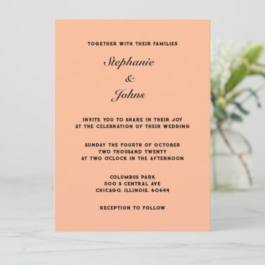 Invitation Peach Fuzz Black Elegant Simple Minimal Mariage (Debout devant)