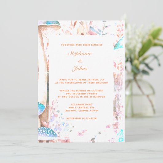 Invitation Peach Fuzz Champignons Abstrait Boho Mariage boisé (Debout devant)