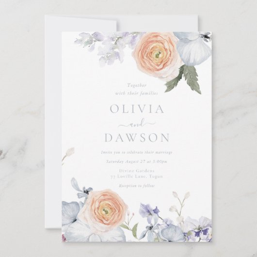 Invitation Peach Fuzz Dusty Blue Mariage moderne tendance (Devant)