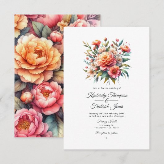 Invitation Peach Fuzz Floral Mariage (Devant / Derrière)
