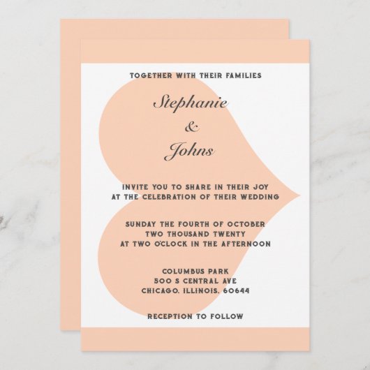 Invitation Peach Fuzz Heart Motif Élégant Mariage plage (Devant / Derrière)