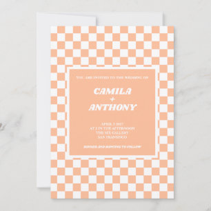 Invitation Peach Fuzz White À damiers En vichy Motif Mariage