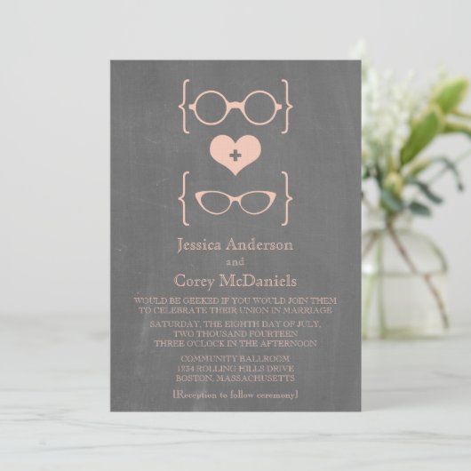 Invitation Peach Geeky Glasses Chalkboard Mariage Inviter (Debout devant)