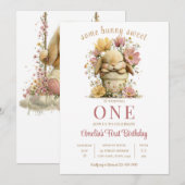Invitation Peach Gingham Bunny 1st Birthday Invite with Scall (Devant / Derrière)