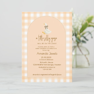 Invitation Peach Gingham Little Goose Brown Bow Baby Shower