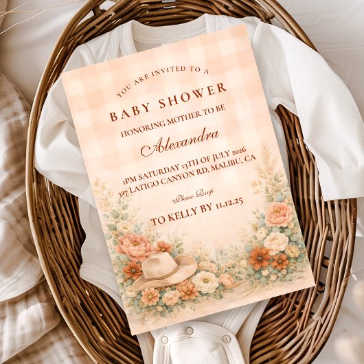 Invitation Peach Gingham Western Floral Baby Shower