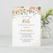 Invitation Peach Gold Aquarelle Floral 16e fête d'anniversair (Debout devant)