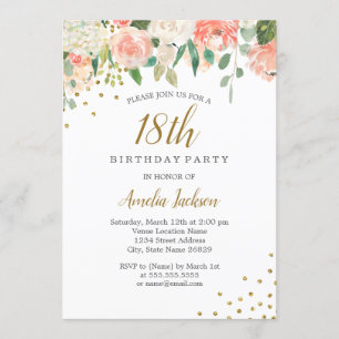 Invitation Peach Gold Aquarelle Floral 18e fête d'anniversair