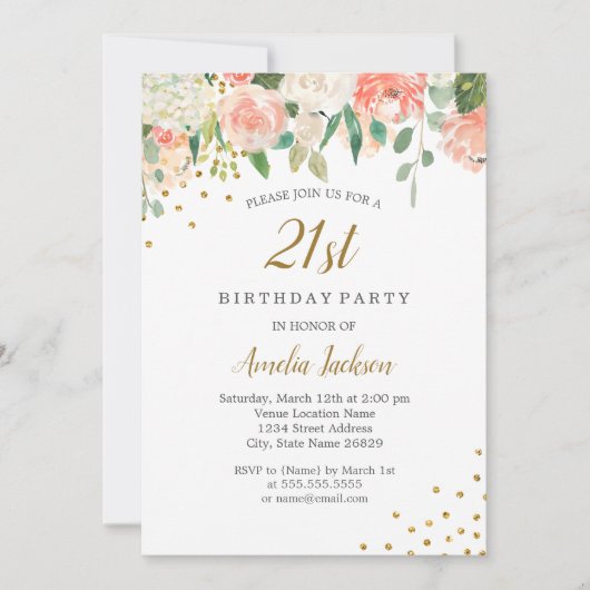 Invitation Peach Gold Aquarelle Floral 21e fête d'anniversair (Devant)