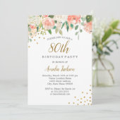 Invitation Peach Gold Aquarelle Floral 80e fête d'anniversair (Debout devant)