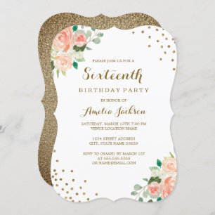 Invitation Peach Gold Floral Confetti 16e fête d'anniversaire