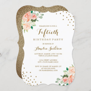 Invitation Peach Gold Floral Confetti 50ème anniversaire