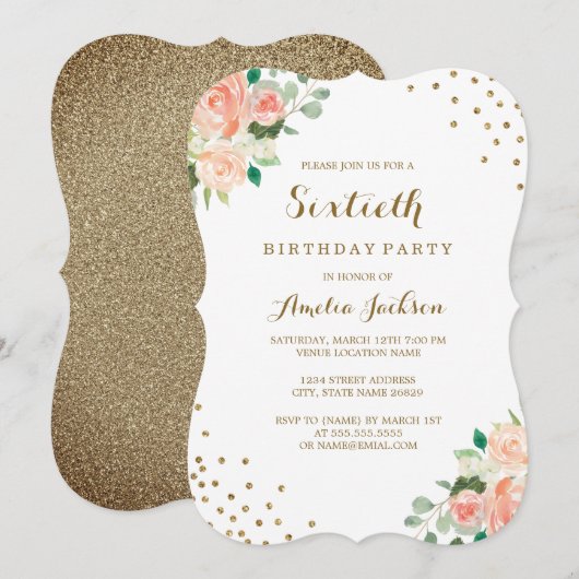 Invitation Peach Gold Floral Confetti 60e fête d'anniversaire (Devant / Derrière)