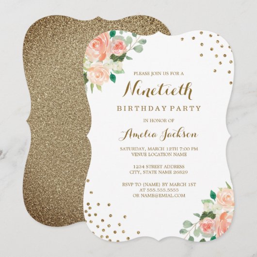 Invitation Peach Gold Floral Confetti 90ème anniversaire (Devant / Derrière)