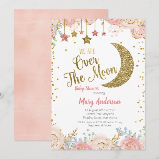 Invitation Peach Gold Moon Baby shower rose pour fille (Devant / Derrière)