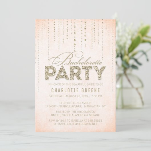 Invitation Peach & Gold Parties scintillant Look Bachelorette (Debout devant)