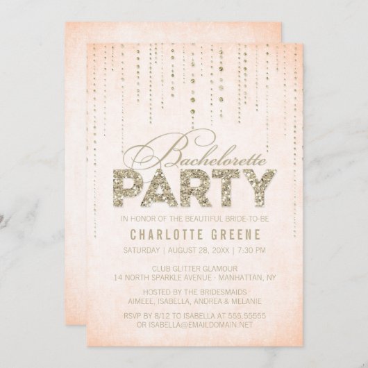 Invitation Peach & Gold Parties scintillant Look Bachelorette (Devant / Derrière)