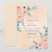 Invitation Peach Graceful Peony Wedding (Devant / Derrière)