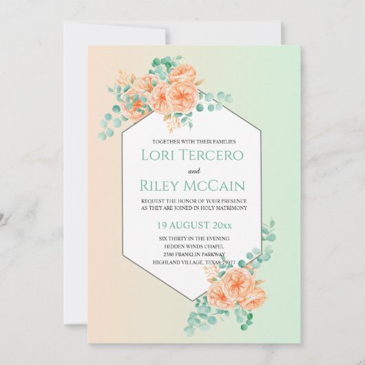 Invitation Peach Green Aquarelle Eucalyptus Mariage (Devant)