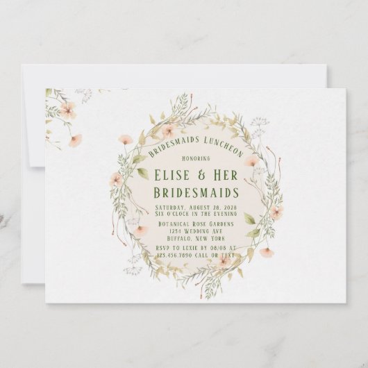 Invitation Peach Green Fleurs sauvages Wreath Bridesmaids Déj (Devant)