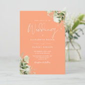 Invitation Peach Greenery Floral Monogramme Mariage (Debout devant)