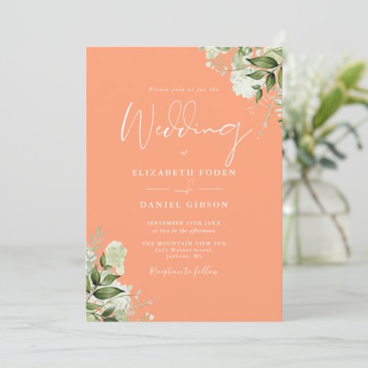 Invitation Peach Greenery Floral Monogramme Mariage (Debout devant)