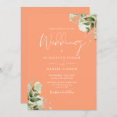 Invitation Peach Greenery Floral Monogramme Mariage (Devant / Derrière)
