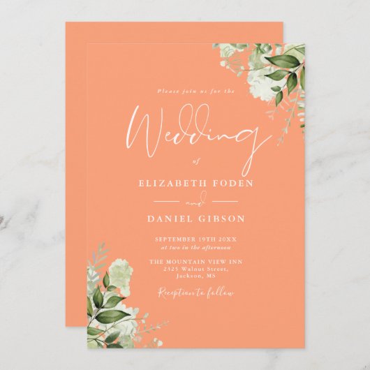 Invitation Peach Greenery Floral Monogramme Mariage (Devant / Derrière)