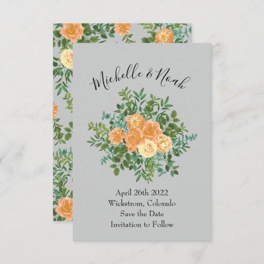 Invitation Peach Grey Mariage Spring Floral (Devant / Derrière)