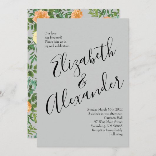 Invitation Peach Grey Mariage Spring Floral (Devant / Derrière)