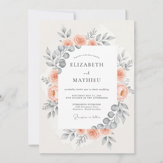 Invitation Peach Harmonious Botanical Wedding (Devant)