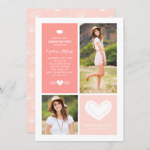 Invitation Peach Heart Doodles Photo Collage Graduation